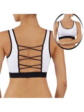 ✂️ SPRING SWEEP SALE Criss Cross Back High Impact Sports Bra White & Black S